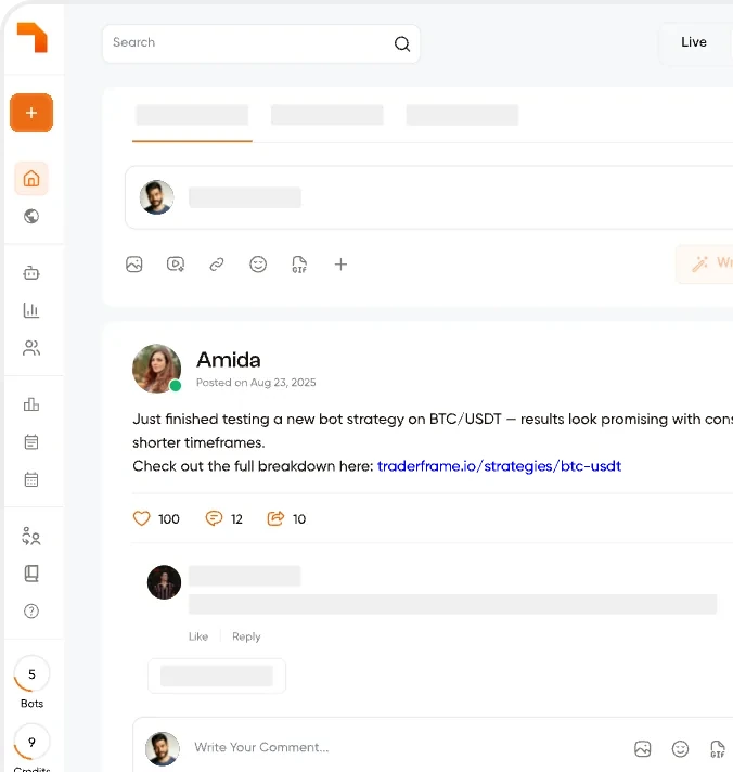 TraderFrame community feed with a member post about testing a bot strategy on BTC/USDT