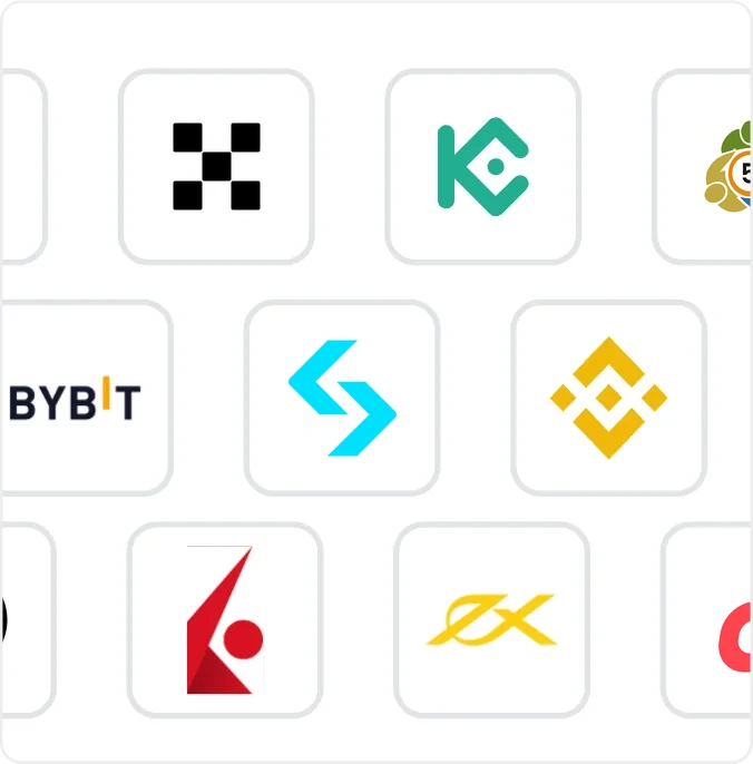 Grid of exchange and broker logos, including OKX, KuCoin, Bybit, Bitget, Binance, Interactive Brokers, Exness, MetaTrader 5 and Deriv