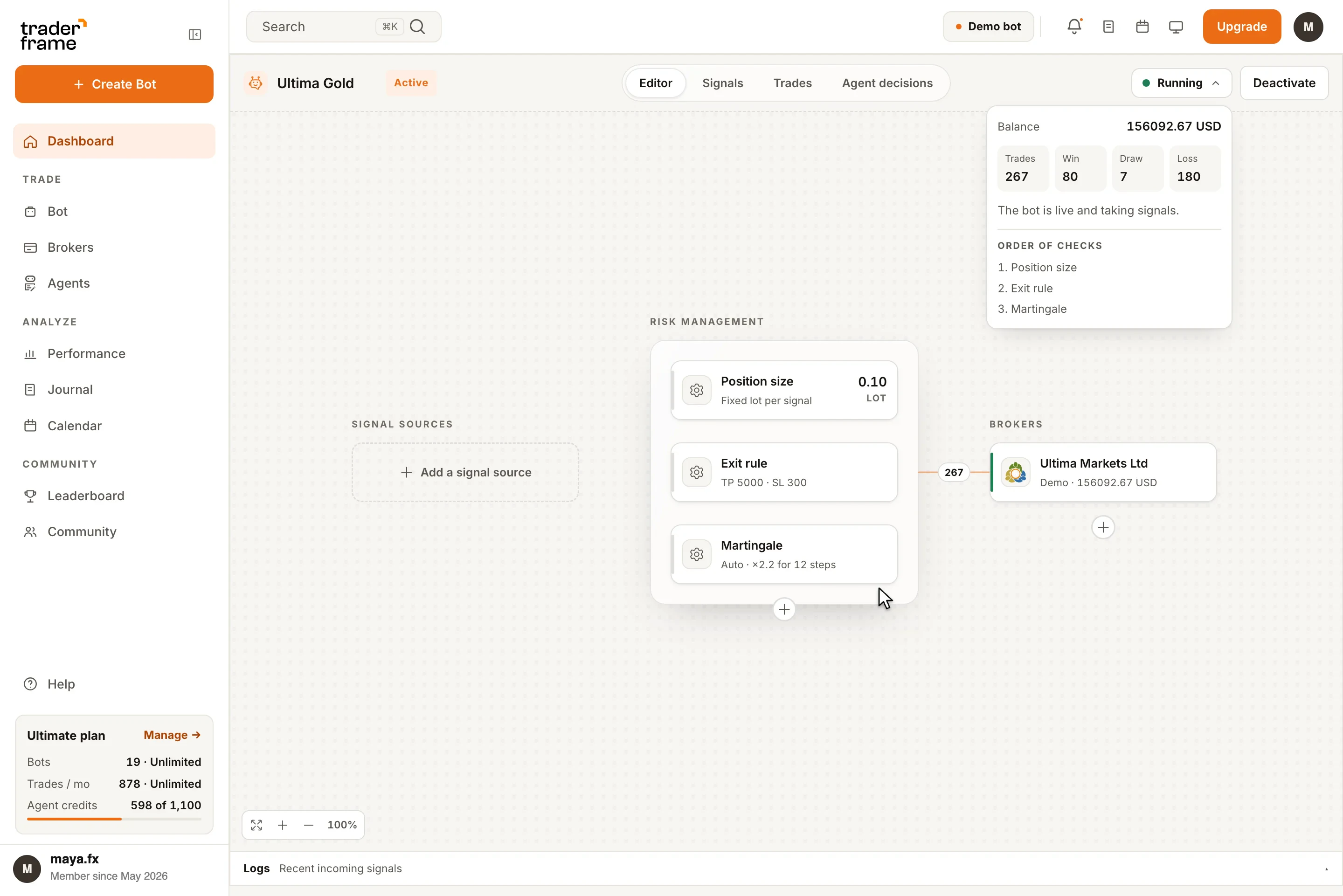 The TraderFrame bot editor: a bot with its risk management and broker connected, and the pointer on Add a signal source
