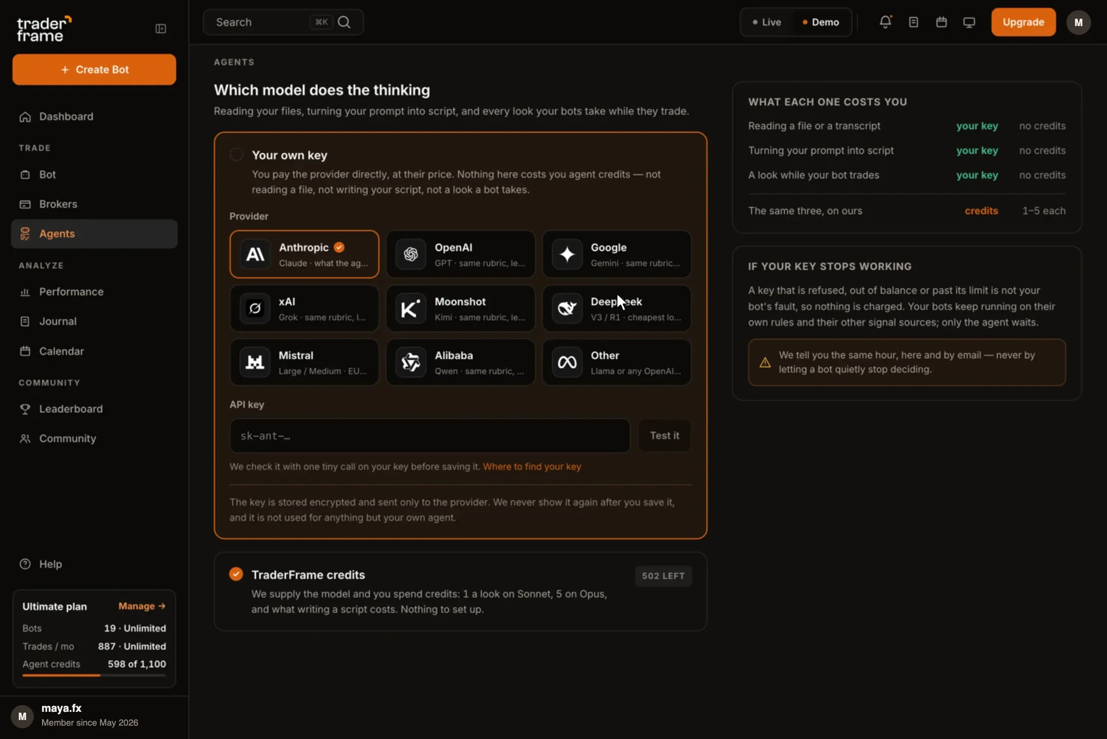 Choosing the model Pip thinks with: your own key or TraderFrame credits