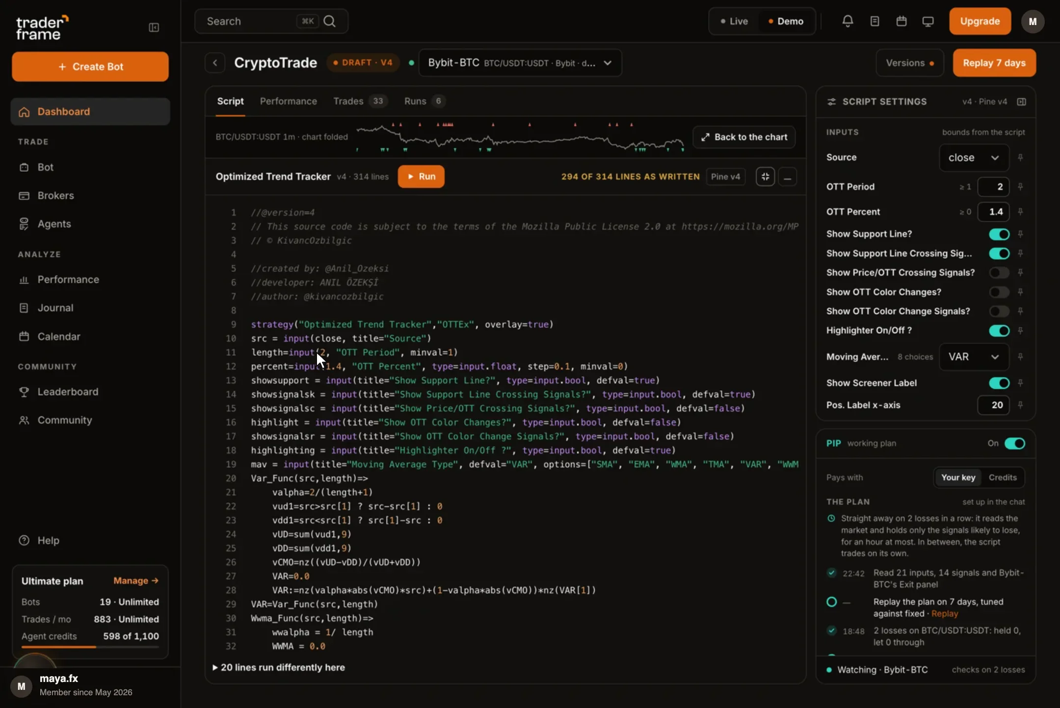 The full PineScript in the editor, beside the script settings