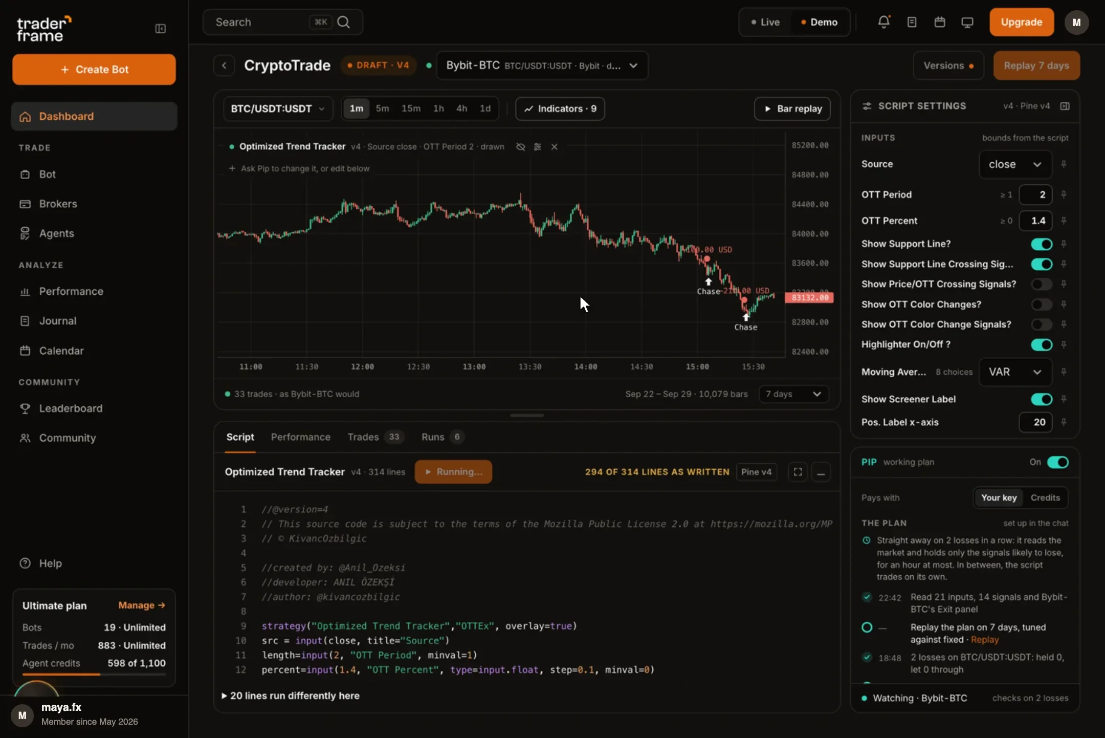 A replay on real BTC bars with the strategy entries on the chart