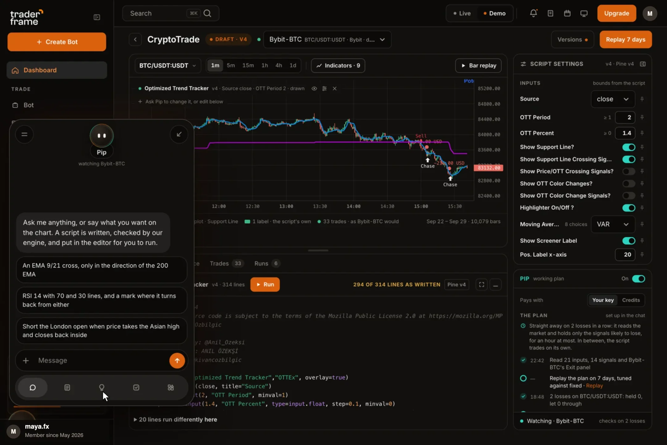 Pip chat open on the chart, with suggested strategy prompts
