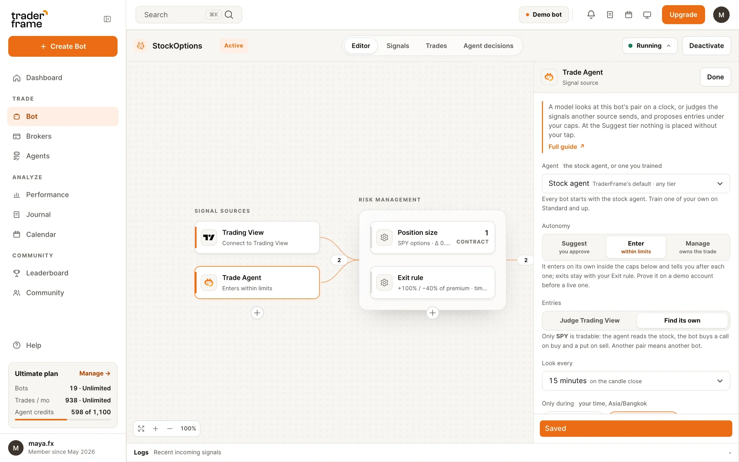 The Trade Agent panel on a bot: autonomy tier, entries, schedule and the Swing style