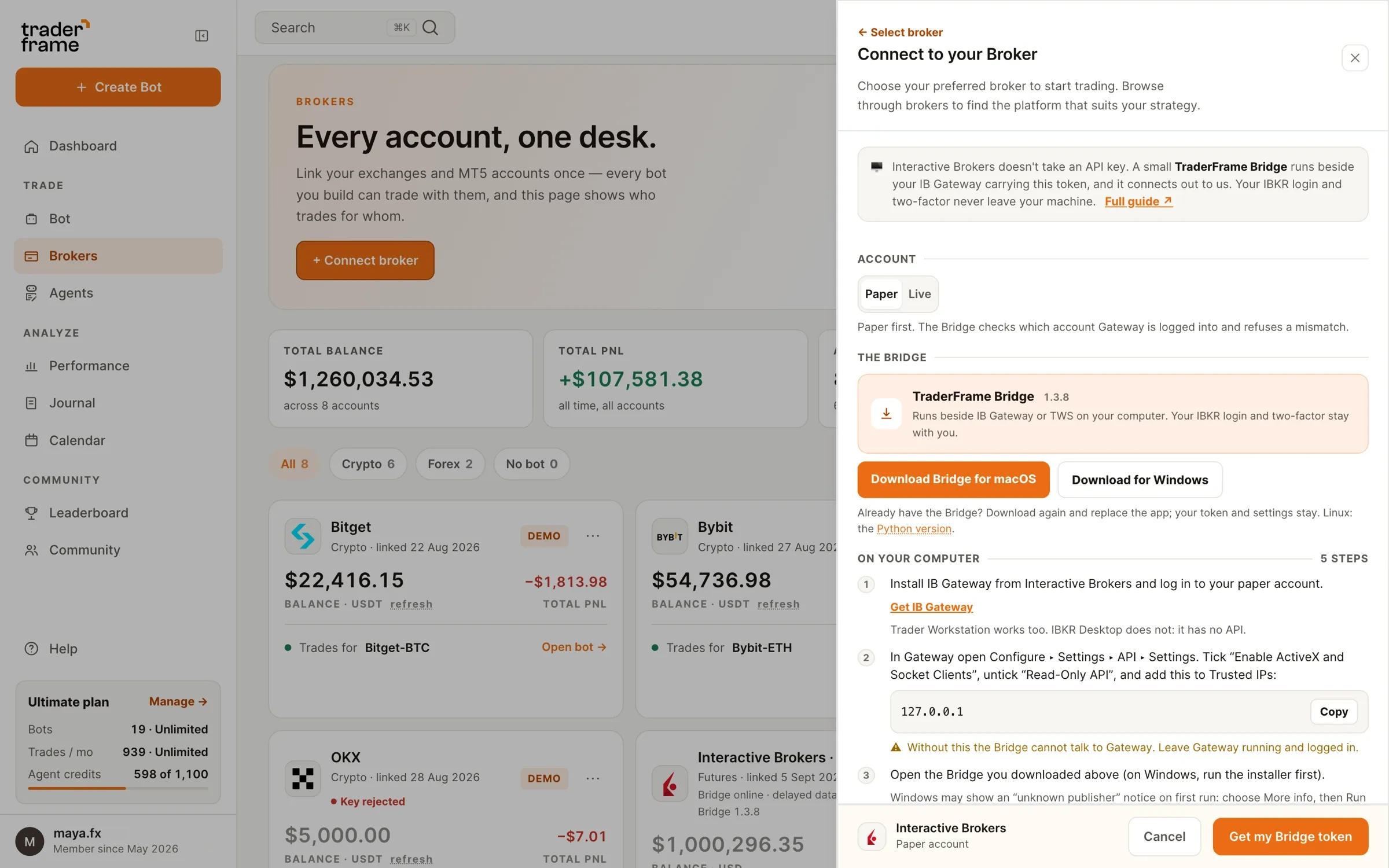 The Interactive Brokers connect sheet in TraderFrame: Paper or Live, the Bridge downloads, and the steps to run on your computer