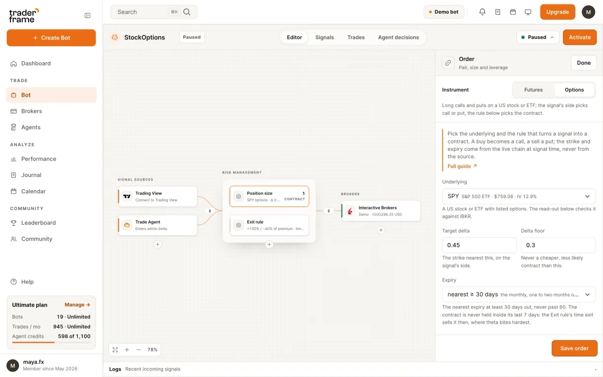 Creating an options bot: picking the Interactive Brokers account, then Options and SPY in the Position size panel