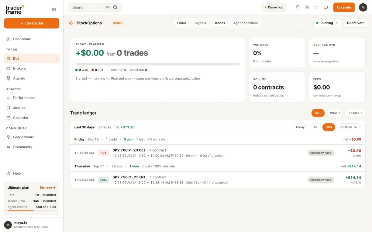 Copying the webhook and alert messages from the TradingView panel, activating the bot, and the Trades tab with a SPY call and a SPY put