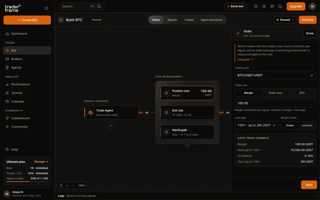 Picking the Bybit account for a bot, then the BTC/USDT pair, trade size, leverage and margin mode in the Position size panel