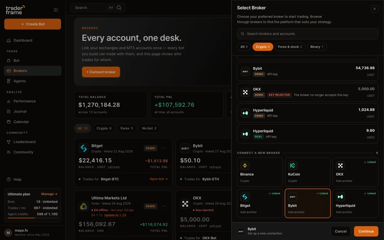 Opening the connect sheet from the Brokers page, picking the Crypto tab and Bybit, and pressing Continue
