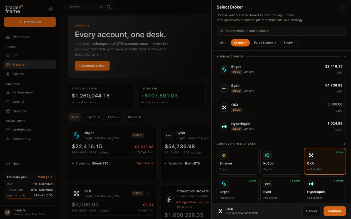Opening the connect sheet from the Brokers page, picking the Crypto tab and OKX, and pressing Continue