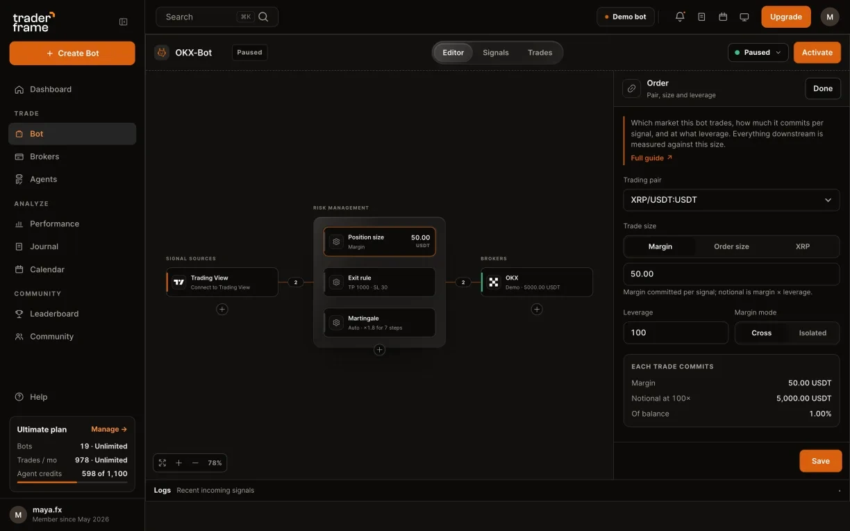 Picking the OKX account for a bot, then the XRP/USDT pair, trade size, leverage and margin mode in the Position size panel