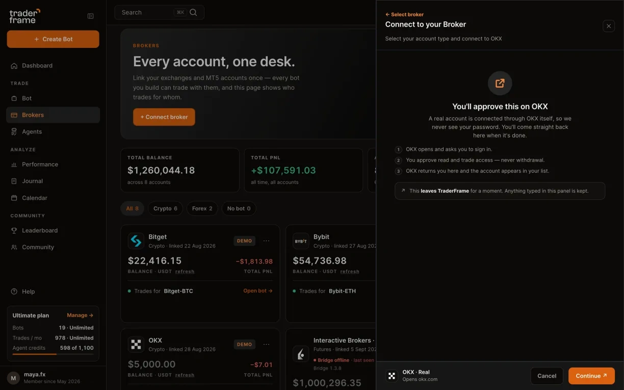 Choosing Real, pressing Connect, and the notice explaining that the account is approved on OKX itself