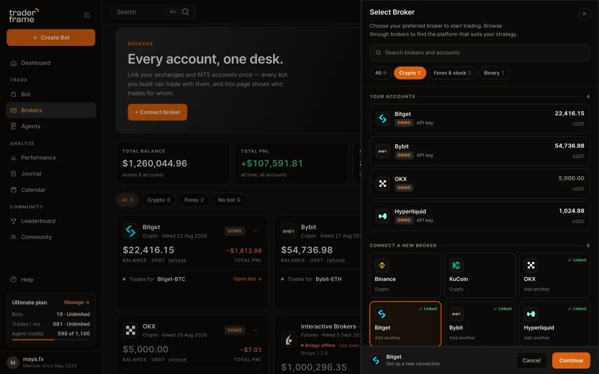 Opening the connect sheet from the Brokers page, picking the Crypto tab and Bitget, and pressing Continue