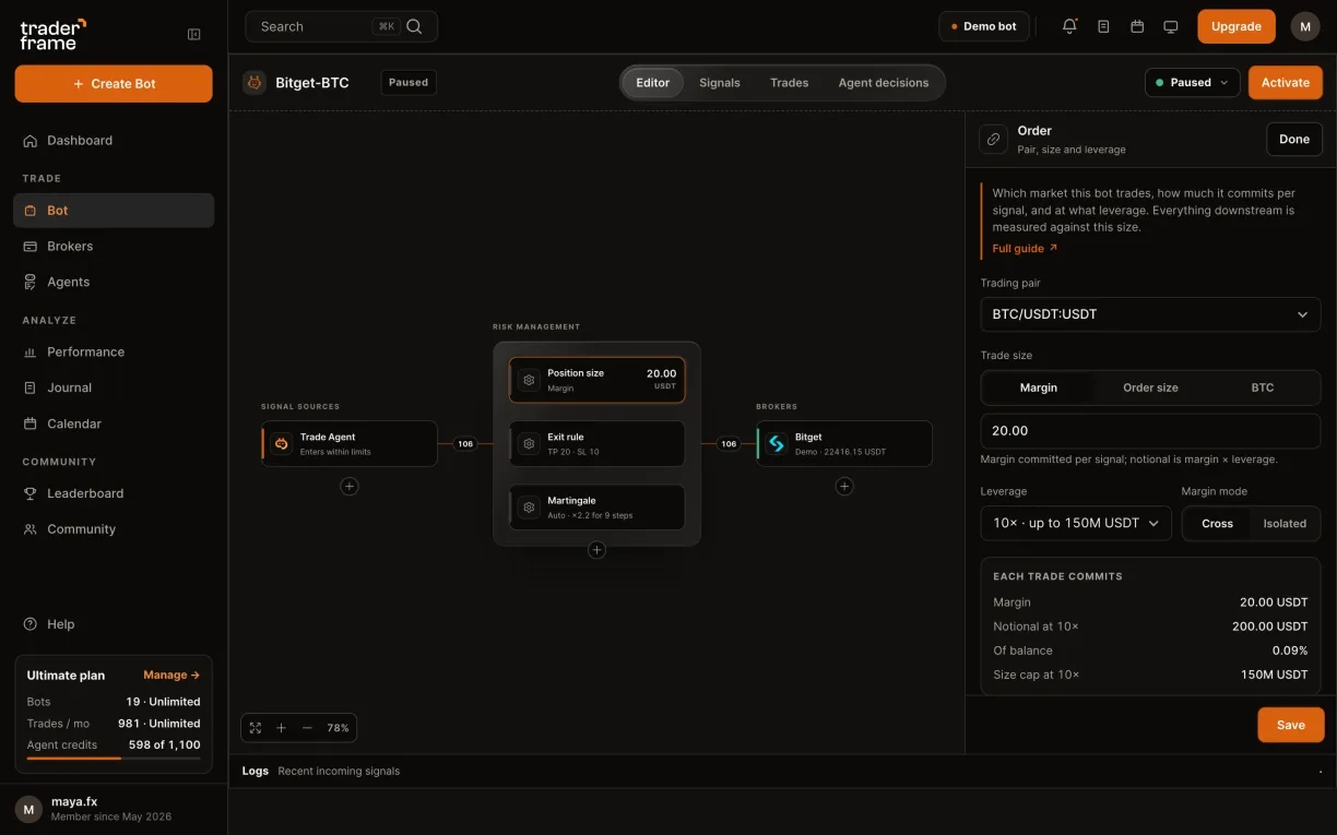 Picking the Bitget account for a bot, then the BTC/USDT pair, trade size, 10× leverage and margin mode in the Position size panel