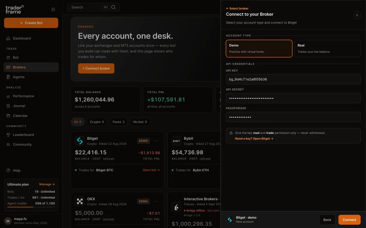 Following the link to Bitget for a key, choosing Demo, pasting the API key, secret and passphrase, pressing Connect, and the Bitget demo account appearing with its balance