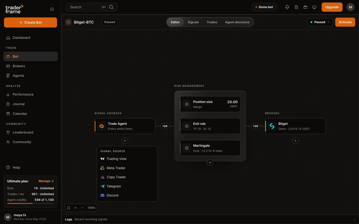 Opening the signal source menu with Trading View, the Trade Agent source that lets Pip trade, and pressing Activate
