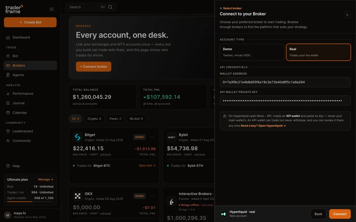 Choosing Real, creating an API wallet on Hyperliquid, pasting the wallet address and the API wallet key, and pressing Connect