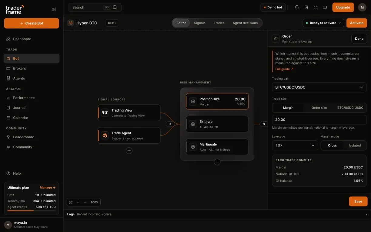 Picking the Hyperliquid account for a bot, then the BTC/USDC pair, trade size, 10× leverage and margin mode in the Position size panel