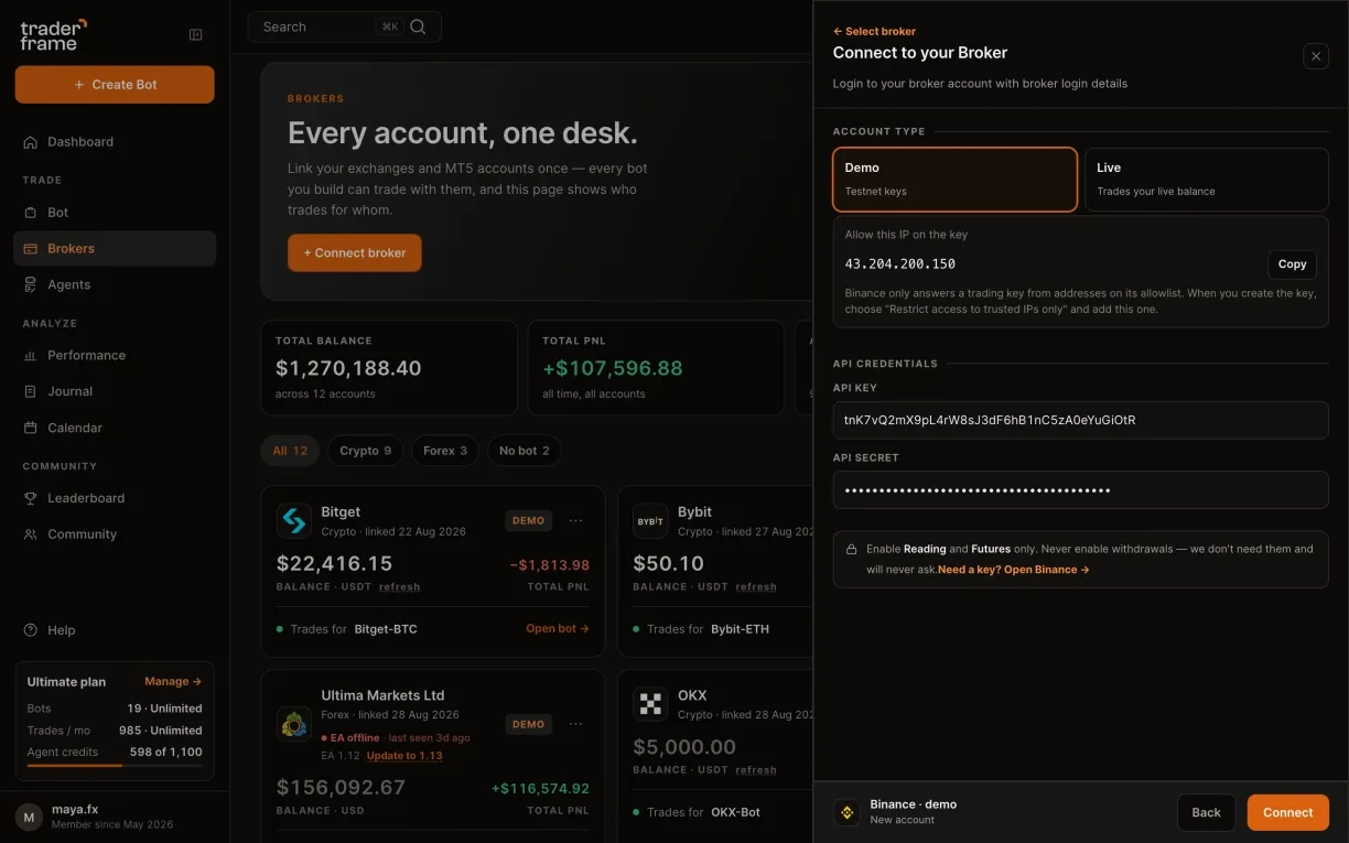 The Binance key notice, copying the IP to allow on the key, choosing Demo, pasting the API key and secret, pressing Connect, and the Binance demo account appearing on the Brokers page