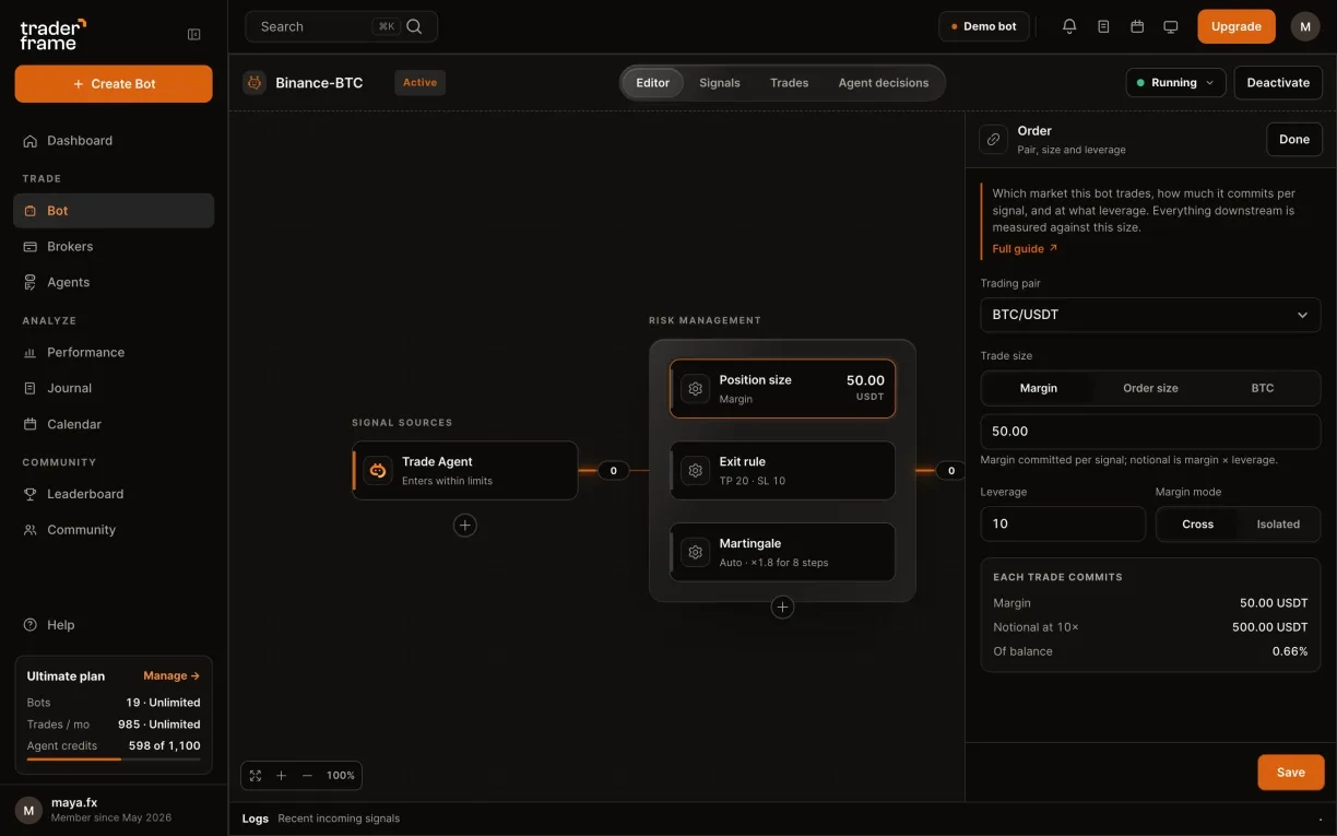 Picking the Binance account for a bot, then the BTC/USDT pair, trade size, 10× leverage and margin mode in the Position size panel