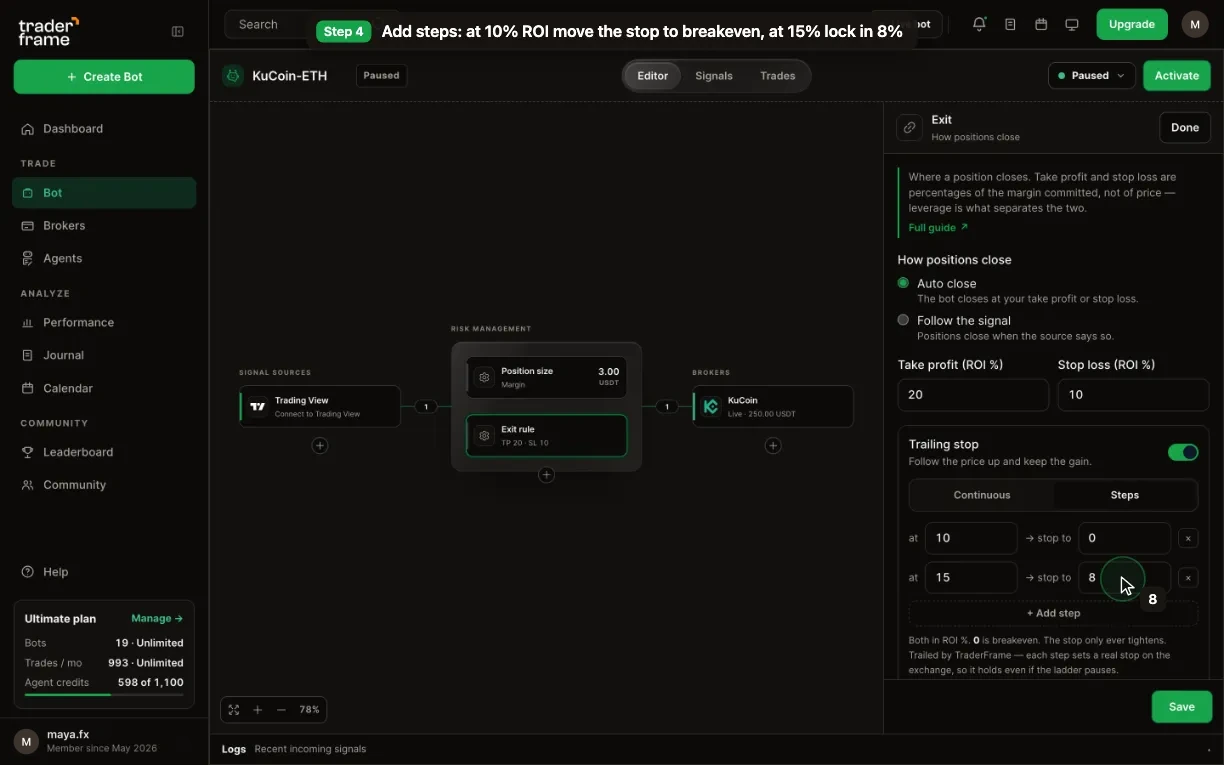 The Exit rule panel: auto close, take profit and stop loss in ROI %, the trailing stop set to Steps with two steps, the position preview, then Save
