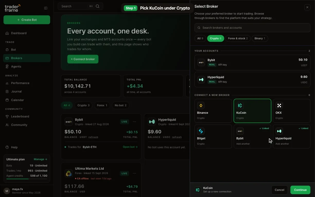 Opening the connect sheet from the Brokers page, picking KuCoin under Crypto, and pressing Continue