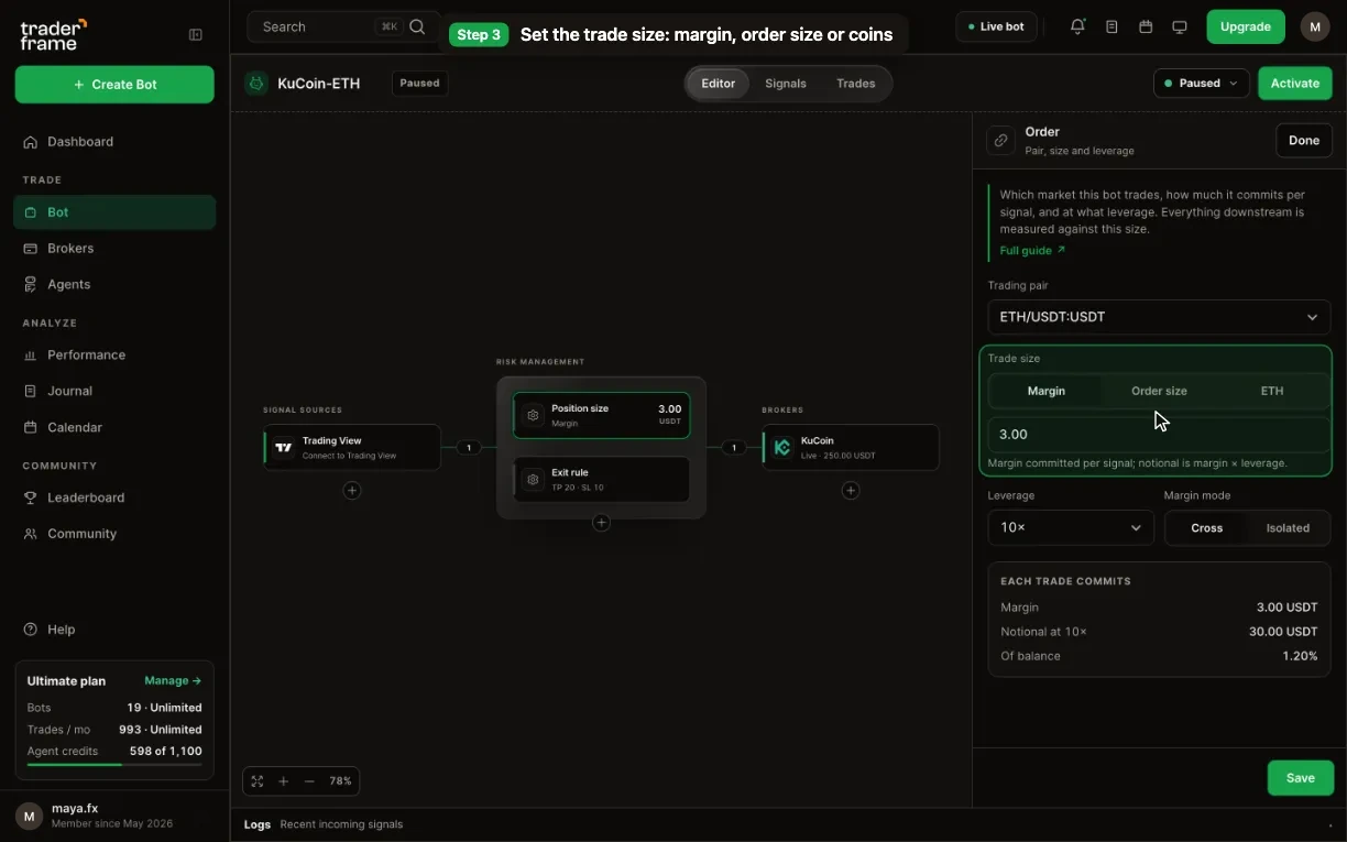 Picking the KuCoin account for a bot, then the ETH/USDT pair, trade size, 10× leverage and margin mode in the Position size panel