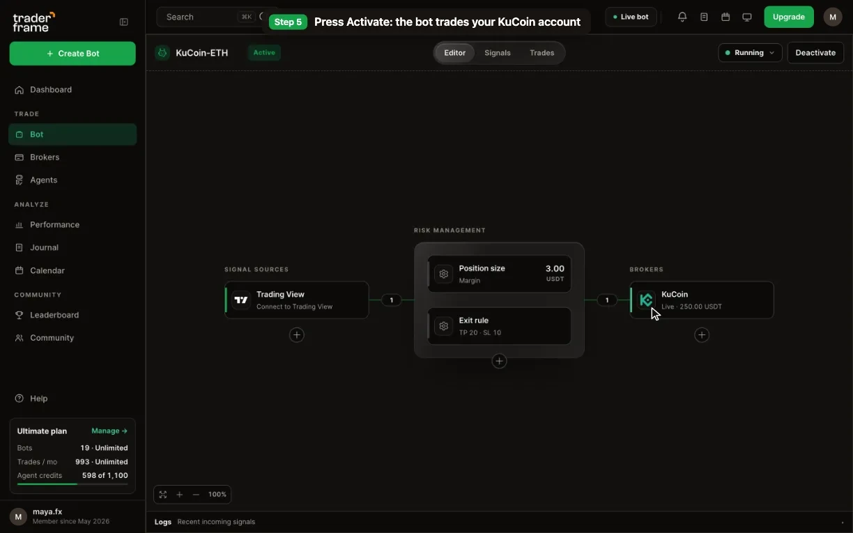 Opening the signal source menu with Trading View, Telegram, Trade Agent and Discord, and pressing Activate