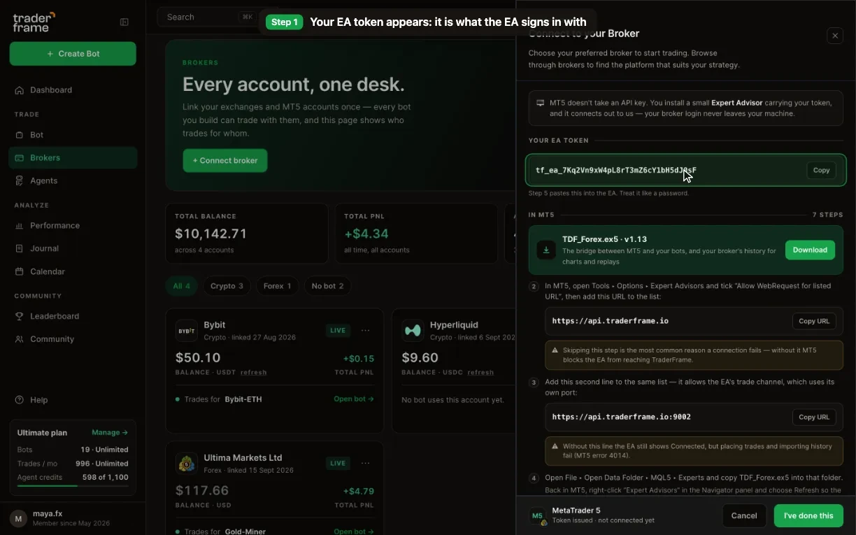Opening the connect sheet from the Brokers page, picking Forex and stock, then MetaTrader 5, pressing Continue, and the EA token appearing