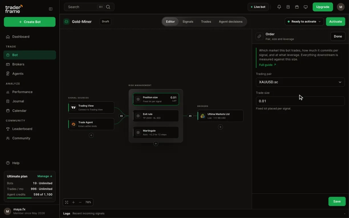Picking the MetaTrader 5 account for a bot, then the XAUUSD symbol and a 0.01 lot in the Position size panel