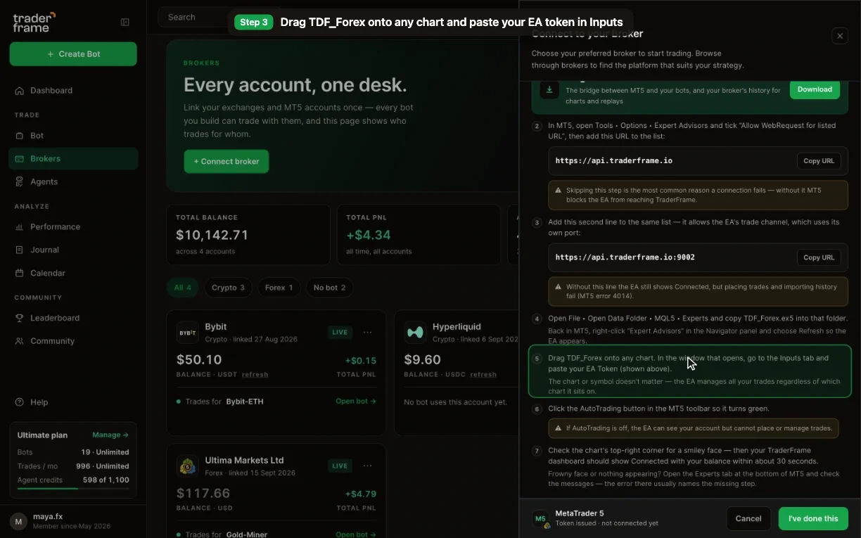 The connect sheet’s MetaTrader 5 steps: copying the EA into MQL5 Experts, attaching it with the token, turning AutoTrading on and checking the smiley face