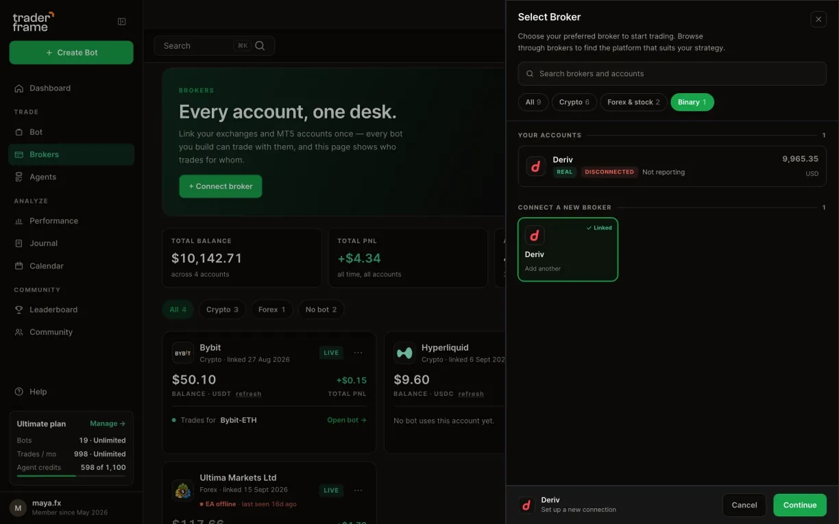 Opening the connect sheet from the Brokers page, picking Binary, then Deriv, pressing Continue, and choosing Demo