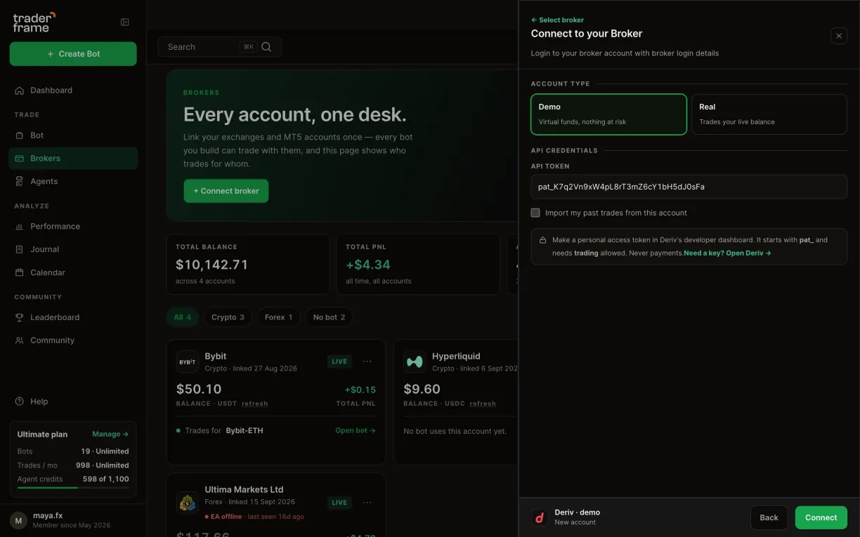 The token hint in the connect sheet, a pat_ token pasted into API token, pressing Connect, and the Deriv demo account appearing with its balance