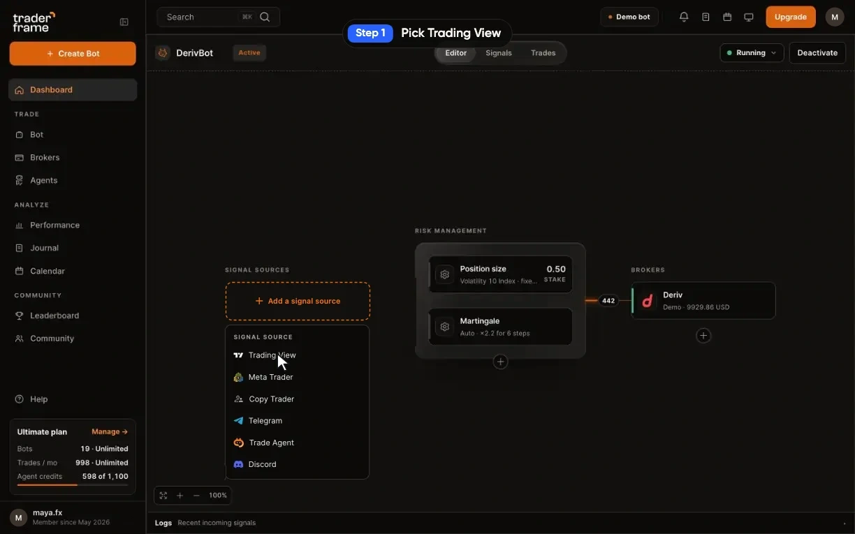 A bot with no signal source: pressing Add a signal source, picking Trading View, the node filling in and the Trading View panel opening