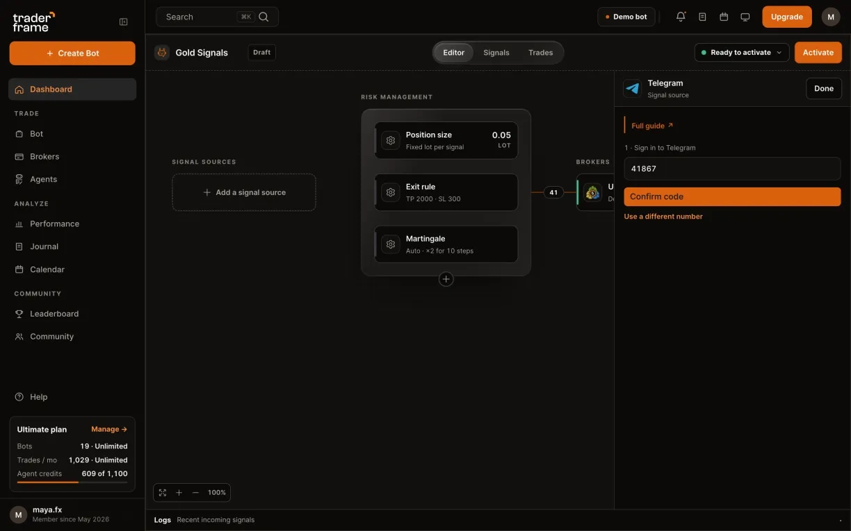 Typing a phone number, sending the code, typing the code Telegram sent, and the panel showing Connected