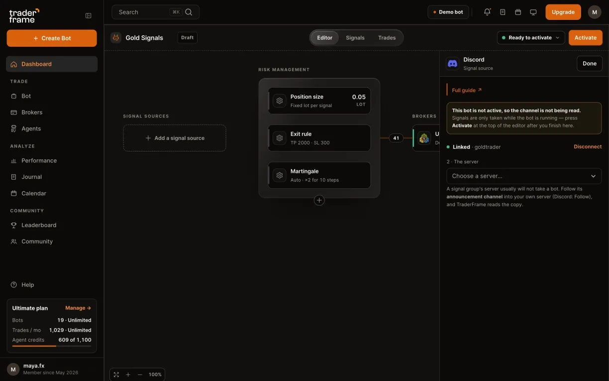 Pressing Continue with Discord, authorizing on Discord, and the panel showing Linked