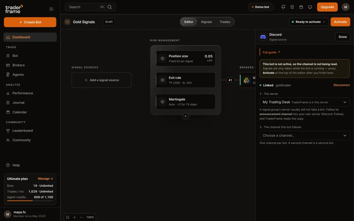Choosing My Trading Desk, adding the TraderFrame bot on Discord with two read permissions, refreshing, and the server ready