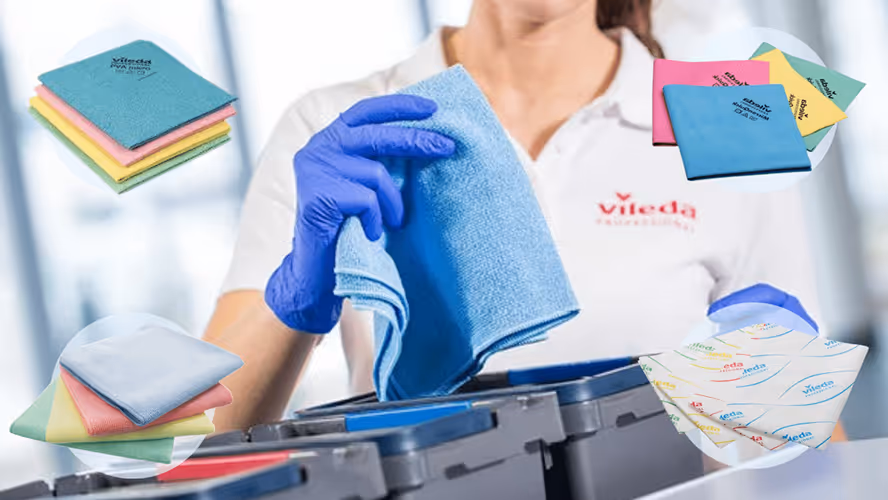 Vileda Professional microfiber cleaning cloths in multiple colors for hygienic surface cleaning and disinfection.