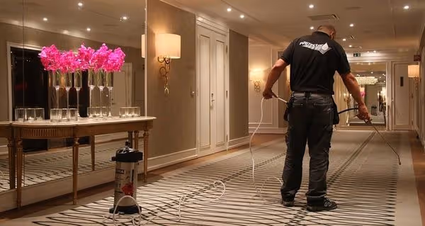 Professional cleaner applying carpet and upholstery protection in a luxury hotel hallway, ensuring long-lasting cleanliness and stain resistance.