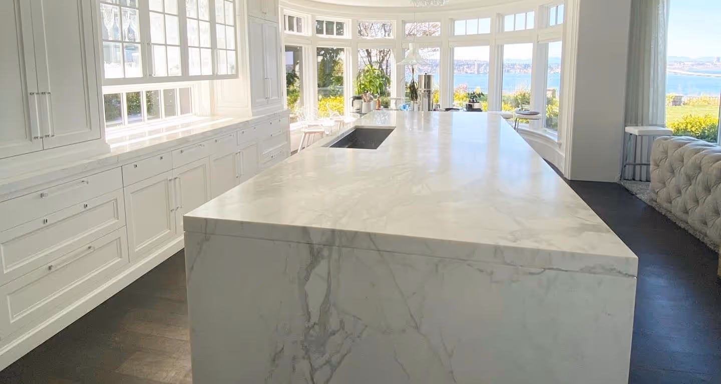 Luxury marble kitchen countertop with TuffSkin surface protection, preventing etching, stains, and damage while maintaining a high-end polished look.