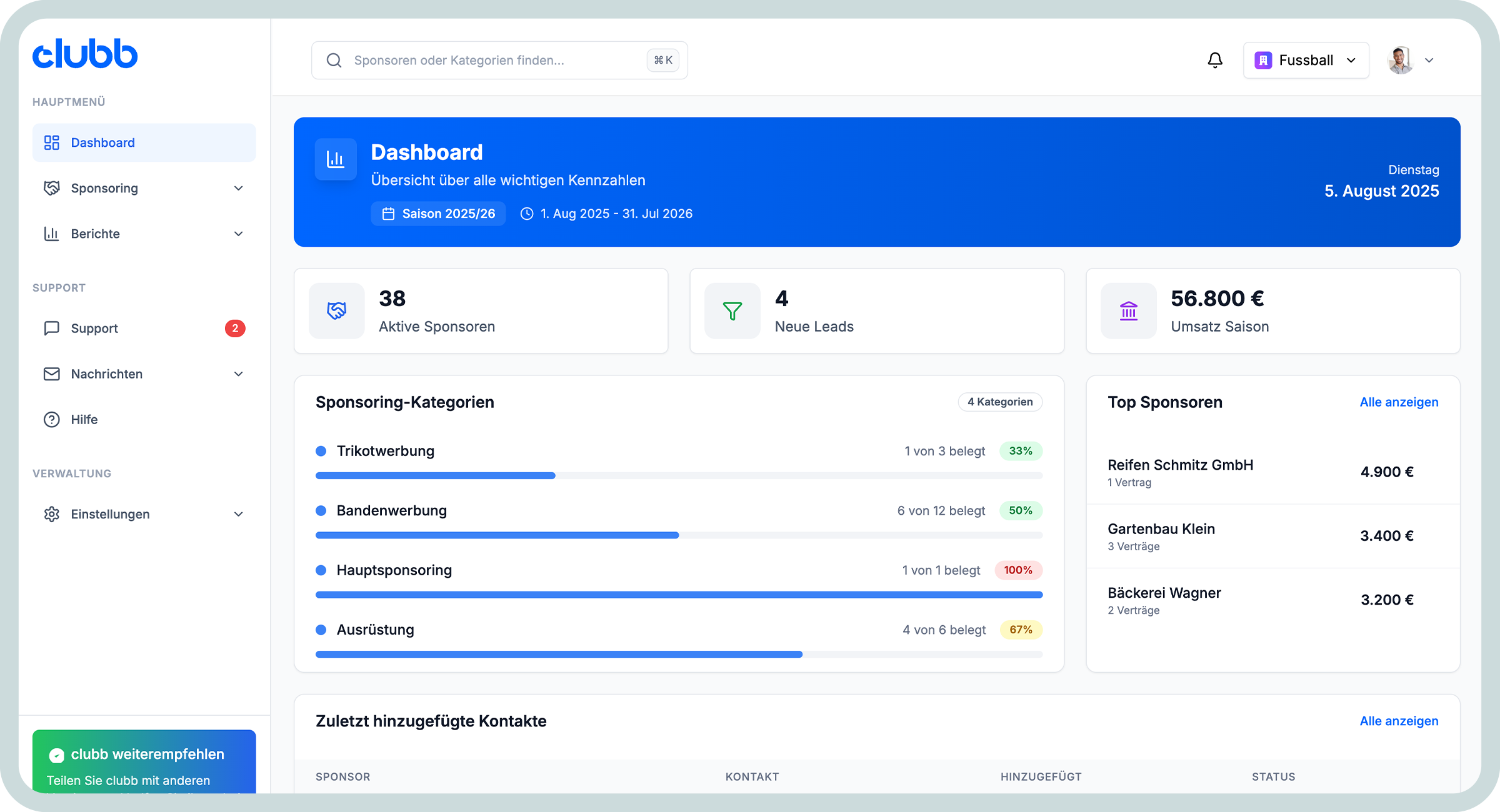 Dashboard der clubb app