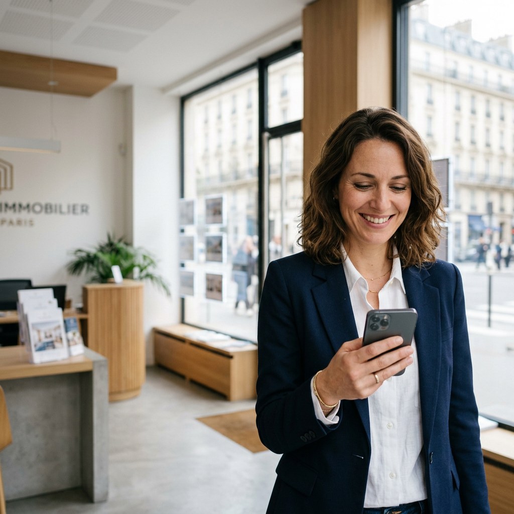Agente immobilière consultant les offres d'une vente interactive sur son téléphone