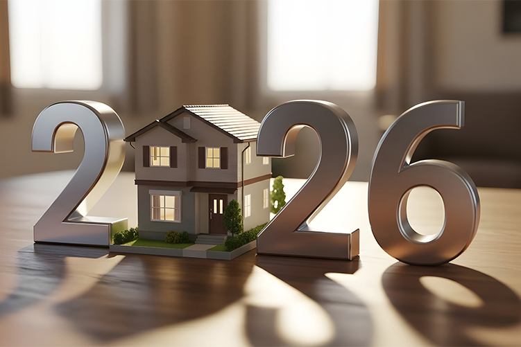 Une maison moderne entourée des chiffres 2026 pour illustrer les évolutions immobilières pour particuliers en 2026.