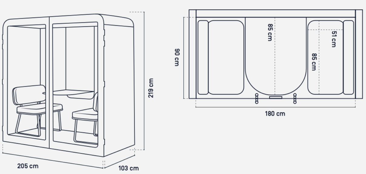 Schéma technique d'un bureau fermé avec deux chaises et une table intérieure, dimensions indiquées en centimètres.
