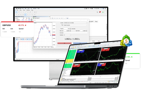 MetaTrader 5 platform interface on multiple devices