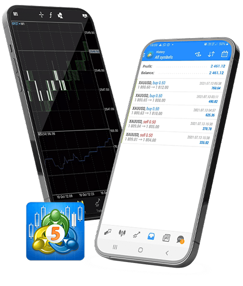 MetaTrader 5 mobile app displaying trading charts on a smartphone