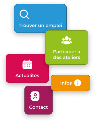 Services de l'application, "trouver un emploi", "Participer à des ateliers", "Actualités", "Infos", "Contact"