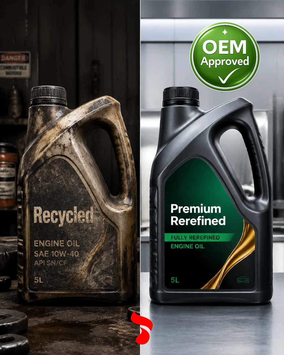 Two Engine Oil Bottle, One Showing dirty bottle on the left written recycled, and premium rerefined mod on the left with OEM approved tick.
