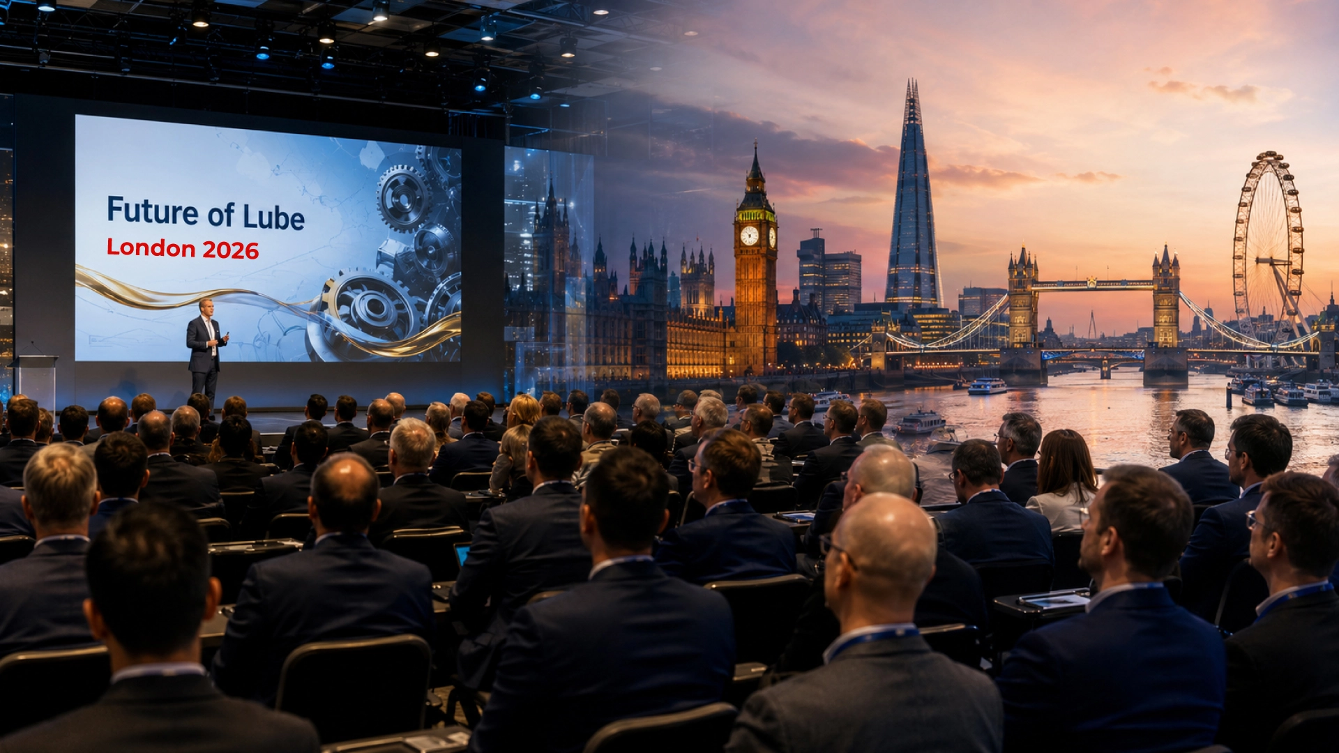 Cover image for the Lube Conference 2026, picture of last year lube conference with background of London