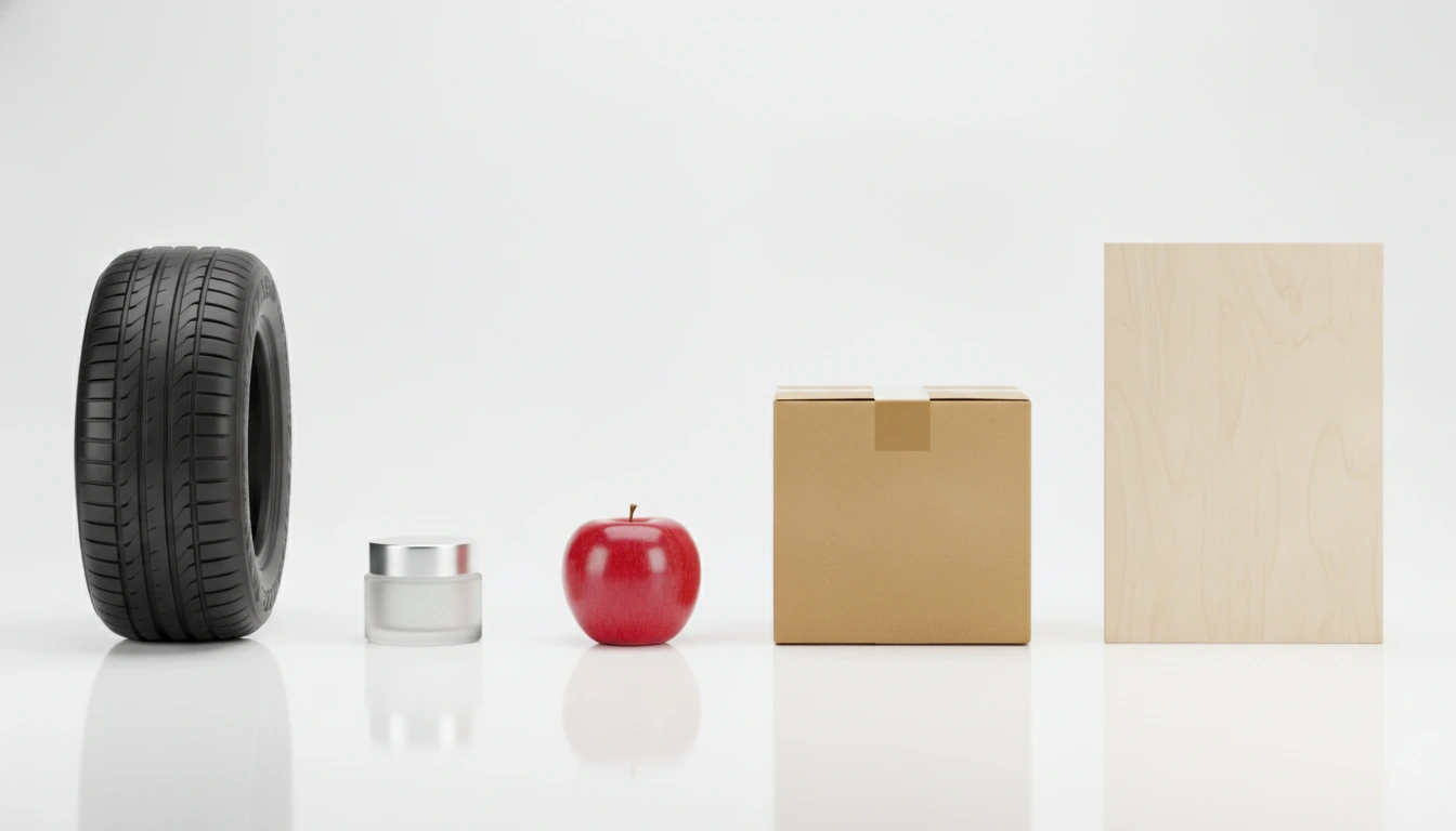 Flat lay of a waxed green apple, car tire section, and corrugated cardboard on a white surface